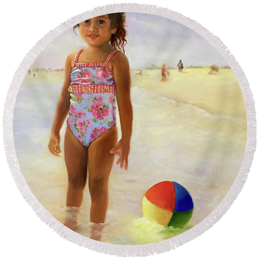 Portrait Round Beach Towel featuring the painting A Day at the Beach by Marlene Book
