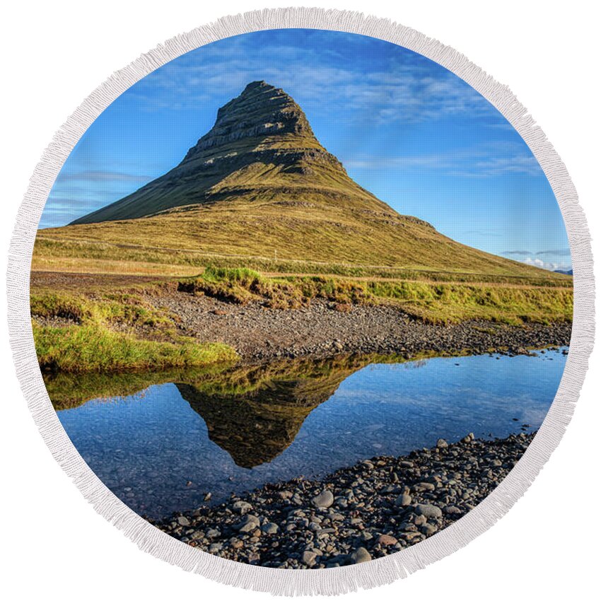 David Letts Round Beach Towel featuring the photograph Kirkjufell Mountain by David Letts