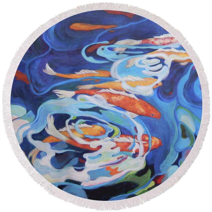 Contemporary Art Round Beach Towel featuring the painting Koi 5 by Sharon Nelson-Bianco