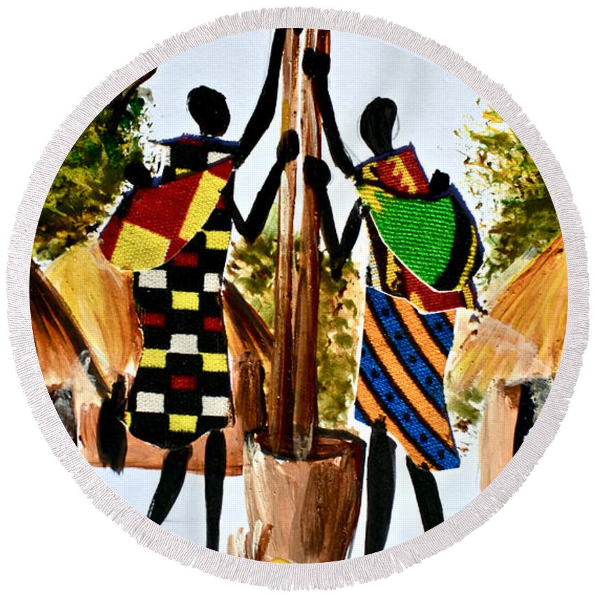 African Art Round Beach Towel featuring the painting L-264 by Albert Lizah