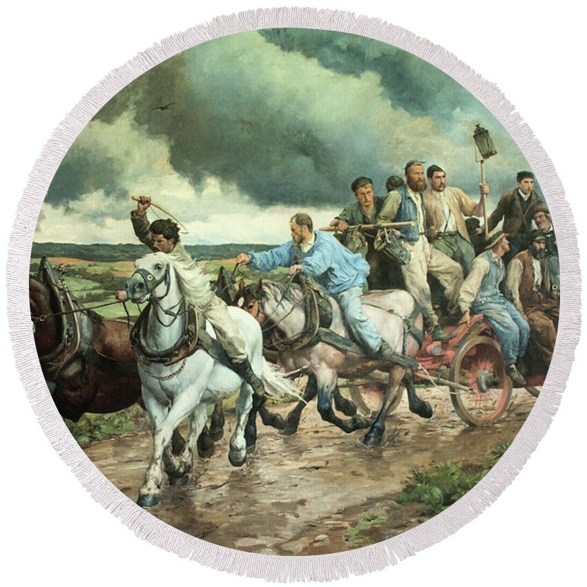 Eugene Burnand Round Beach Towel featuring the painting La Pompe a Feu - The Fire Engine by Eugene Burnand