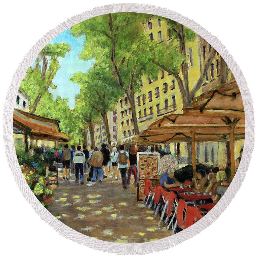 Outdoor Cafe Round Beach Towel featuring the painting La Rambla by David Zimmerman