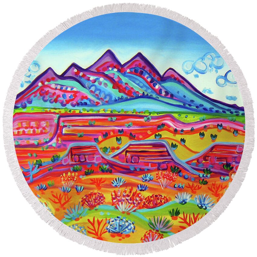 La Sal Mountains Round Beach Towel featuring the painting La Sal Mountain Music by Rachel Houseman