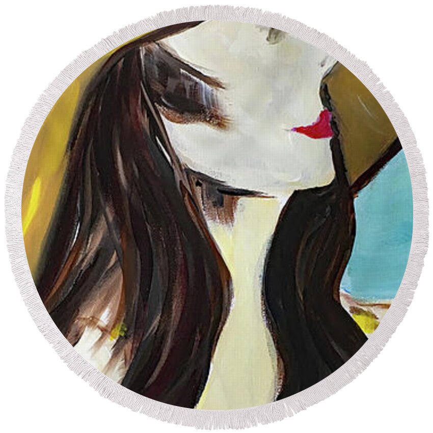 Lady Round Beach Towel featuring the painting Lady in Yellow by Roxy Rich