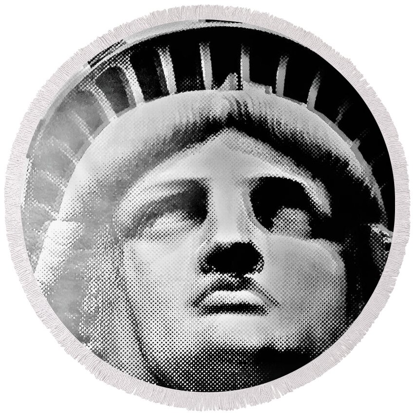 Statue Of Liberty Round Beach Towel featuring the photograph LADY LIBERTY in BLACK AND WHITE1 by Rob Hans