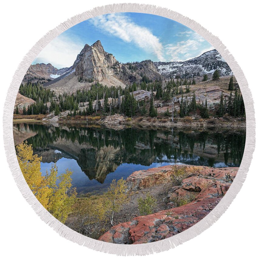 Utah; Landscape; Aspen; Autumn; Fall; Foliage; Granite; Yellow; Golden; Orange; Glow; Blue; Leaves; Wasatch Mountains; Little Cottonwood Canyon; Round Beach Towel featuring the photograph Lake Blanche and the Sundial - Big Cottonwood Canyon, Utah - October '06 by Brett Pelletier