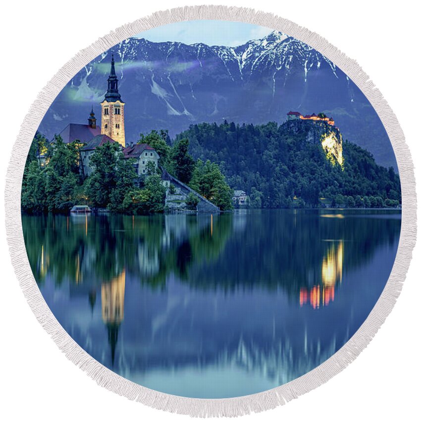 Church Round Beach Towel featuring the photograph Lake Bled Reflections by Lindley Johnson