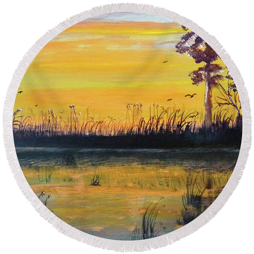 Lake Sunset Round Beach Towel featuring the painting Lake Sunset by Sharon Williams Eng