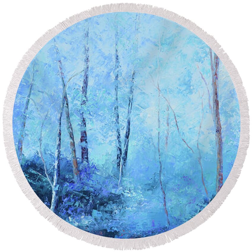 Landscape Round Beach Towel featuring the painting Landscape in shades of lavender and blue by Jan Matson