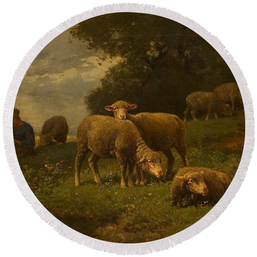 19th Century Art Round Beach Towel featuring the painting Landscape with Sheep and Shepherdess by Charles Jacque