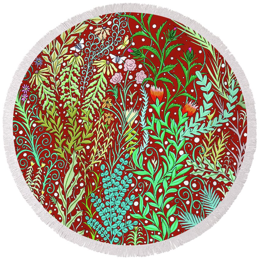 Lise Winne Round Beach Towel featuring the tapestry - textile Large Millefleurs Tapestry Design in Dark Red by Lise Winne