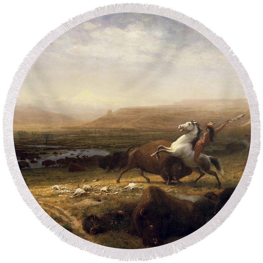 Bufalo Round Beach Towel featuring the painting Last of the Buffalo Hunt by Troy Caperton