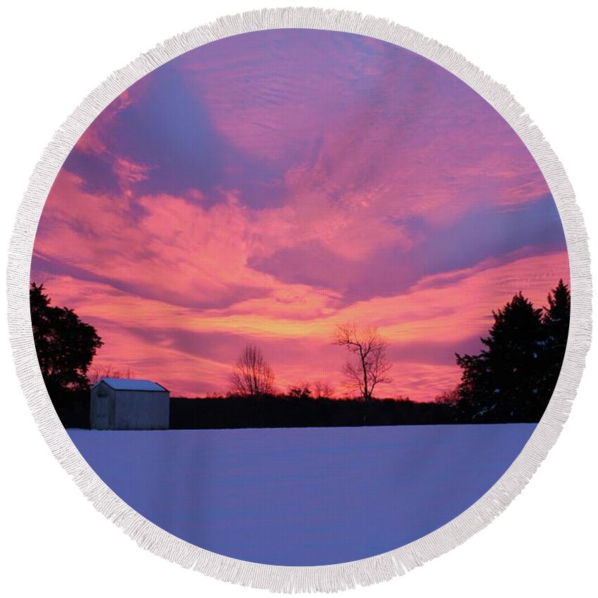 Winter Round Beach Towel featuring the photograph Later One Snowy Morning by M E