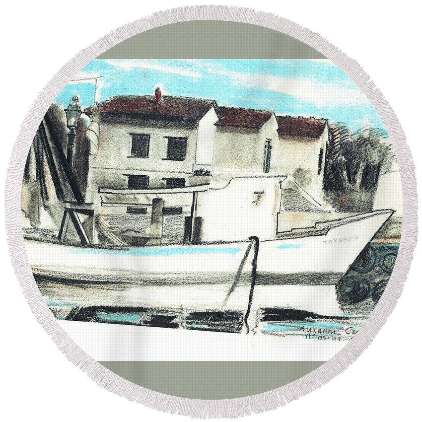 Houses On The Canal Round Beach Towel featuring the painting Le Barche galleggianti nel mare Adriatico by Suzanne Giuriati Cerny