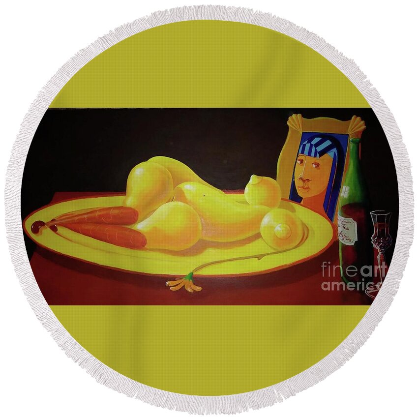 Visual Pun; Double Imagery; Alternative Reality; Optical Illusion; David G Wilson; Round Beach Towel featuring the painting Le Dejeuner Sur Le Plat d Or by David G Wilson
