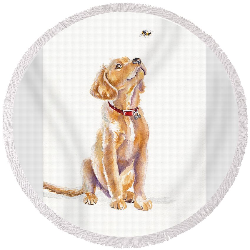 Labrador Round Beach Towel featuring the painting Leave It, Charlie - Labrador Retriever Puppy by Debra Hall