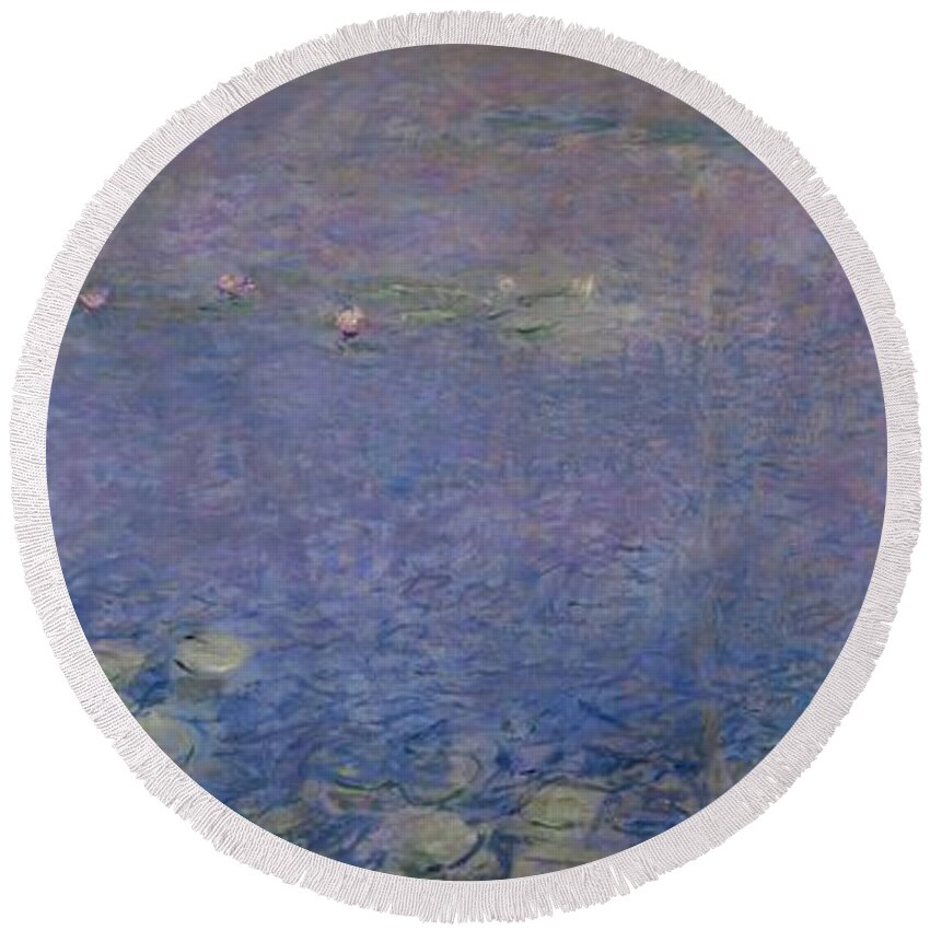 Claude Monet Round Beach Towel featuring the painting Les Nympheas. Oil on canvas. by Claude Monet -1840-1926-