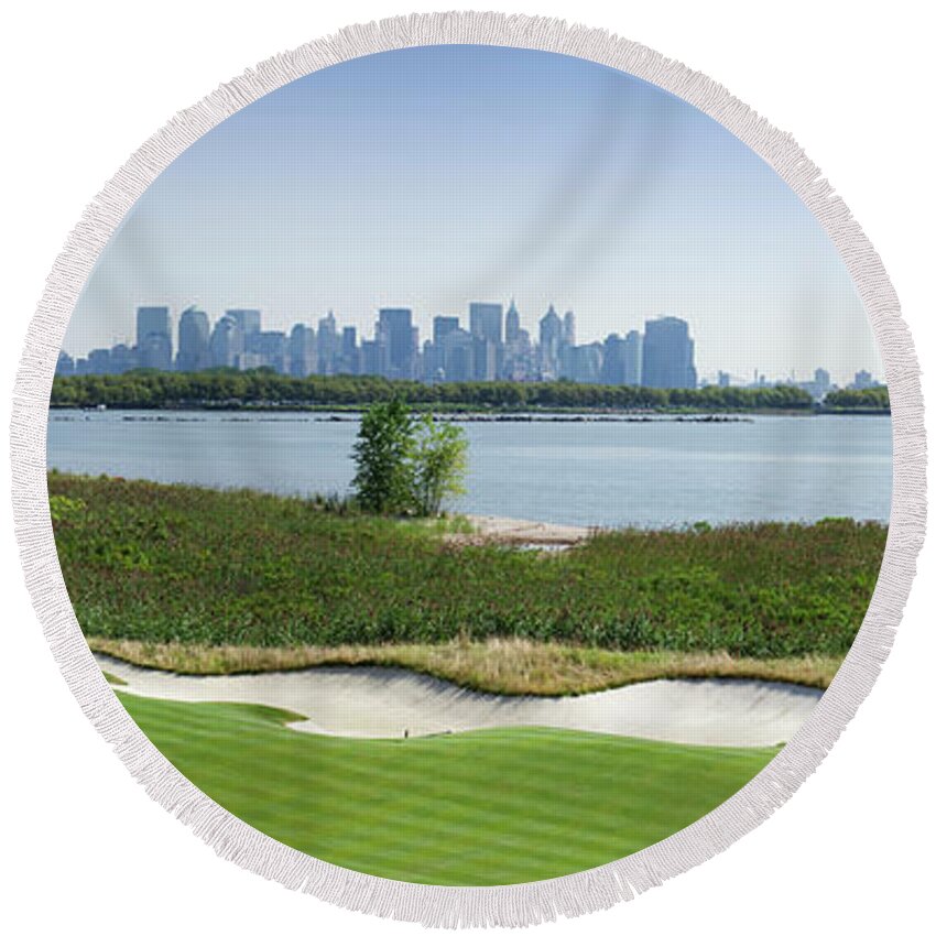 Photography Round Beach Towel featuring the photograph Liberty National Golf Club With Lower by Panoramic Images