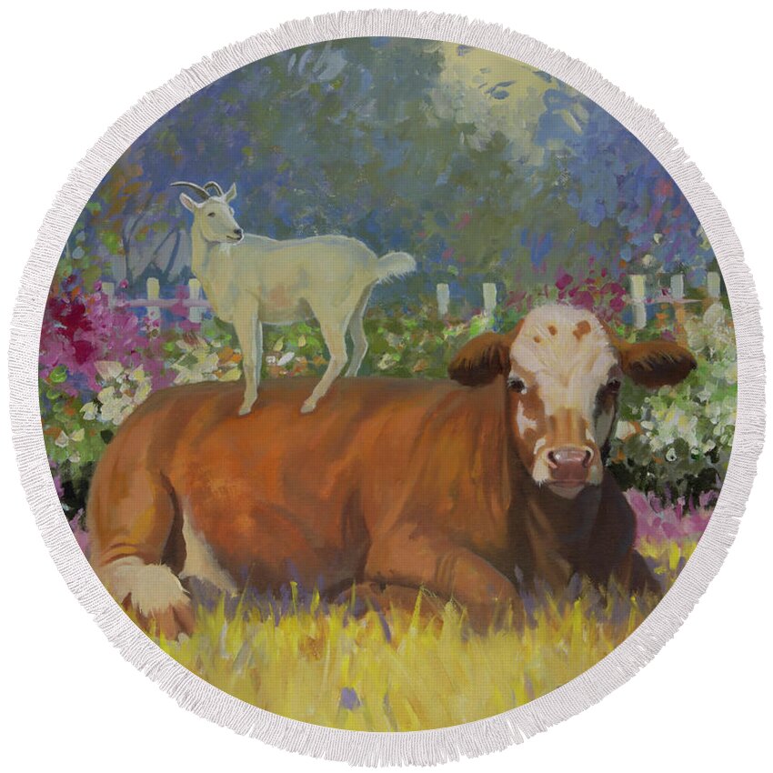 Farm Animals Round Beach Towel featuring the painting Life is Good by Carolyne Hawley