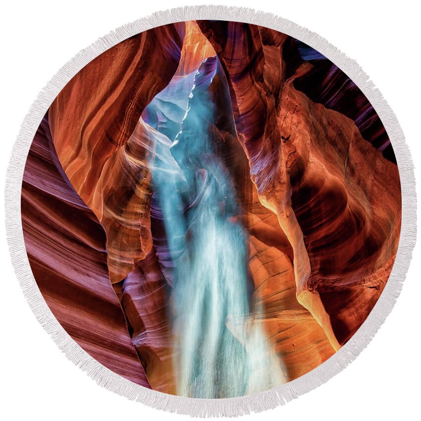 Light Round Beach Towel featuring the photograph Light Rain In Antelope Canyon by David Soldano