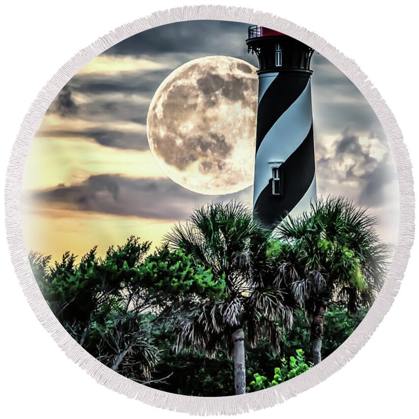 St Augustine Round Beach Towel featuring the photograph Lighthouse Moon by Joseph Desiderio