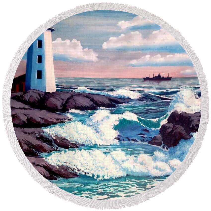 Gary Round Beach Towel featuring the painting Lighthouse Waves by Gary F Richards