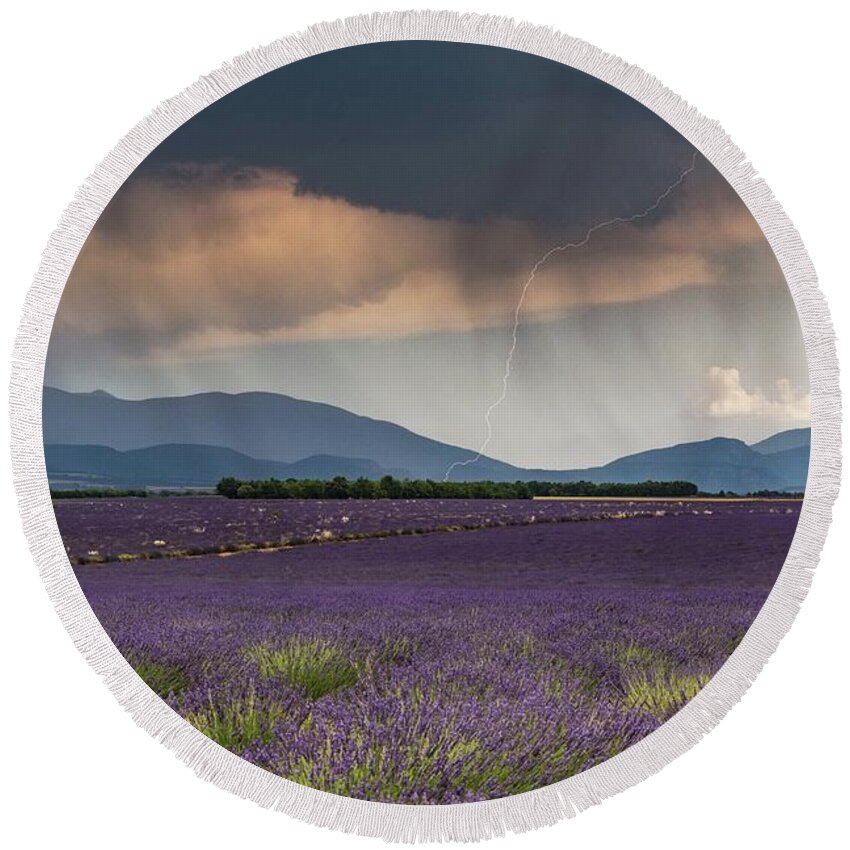 Lavender Fields Round Beach Towel featuring the photograph Lightning over Lavender Field by Rob Hemphill
