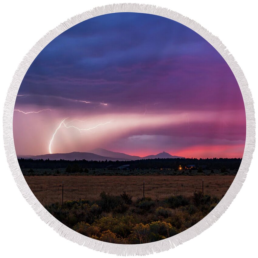 Lightning Round Beach Towel featuring the photograph Lightning Sunset by Cat Connor