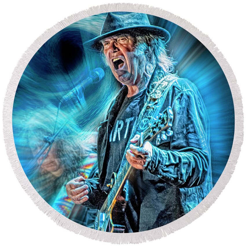 Neil Young Round Beach Towel featuring the mixed media Like a Hurricane by Mal Bray