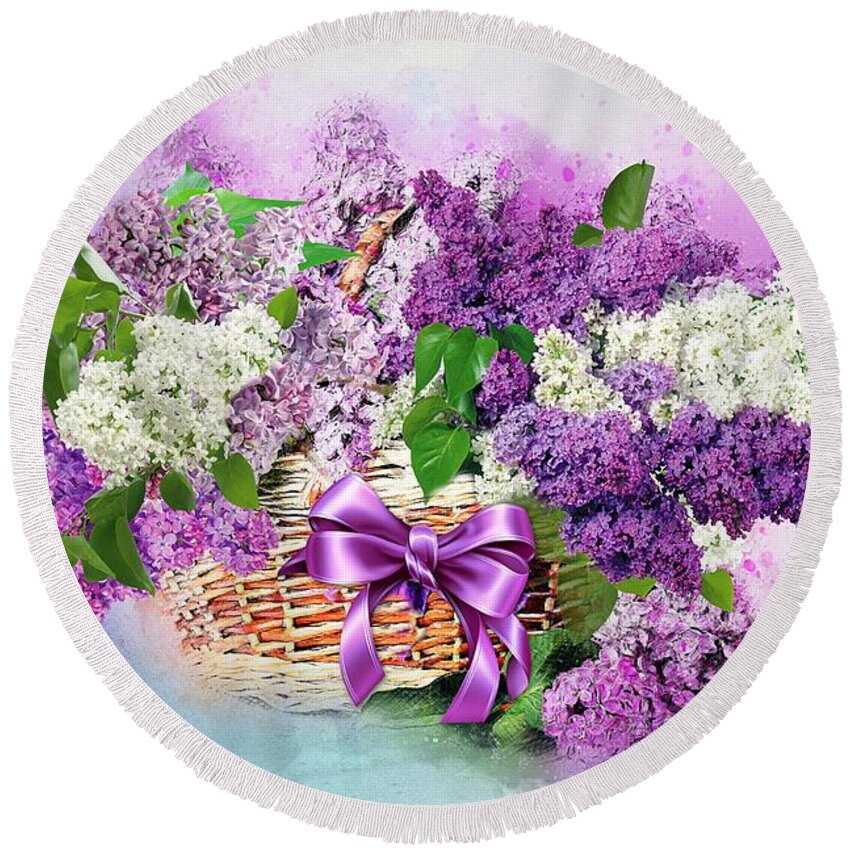 Lilac Round Beach Towel featuring the mixed media Lilac in a Basket by Morag Bates