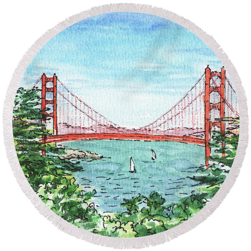 Golden Gate Round Beach Towel featuring the painting Lincoln Park Golf Course View Of Golden Gate Bridge by Irina Sztukowski