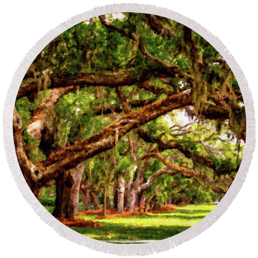 Charleston Round Beach Towel featuring the photograph LIne of Oaks Art by Darryl Brooks