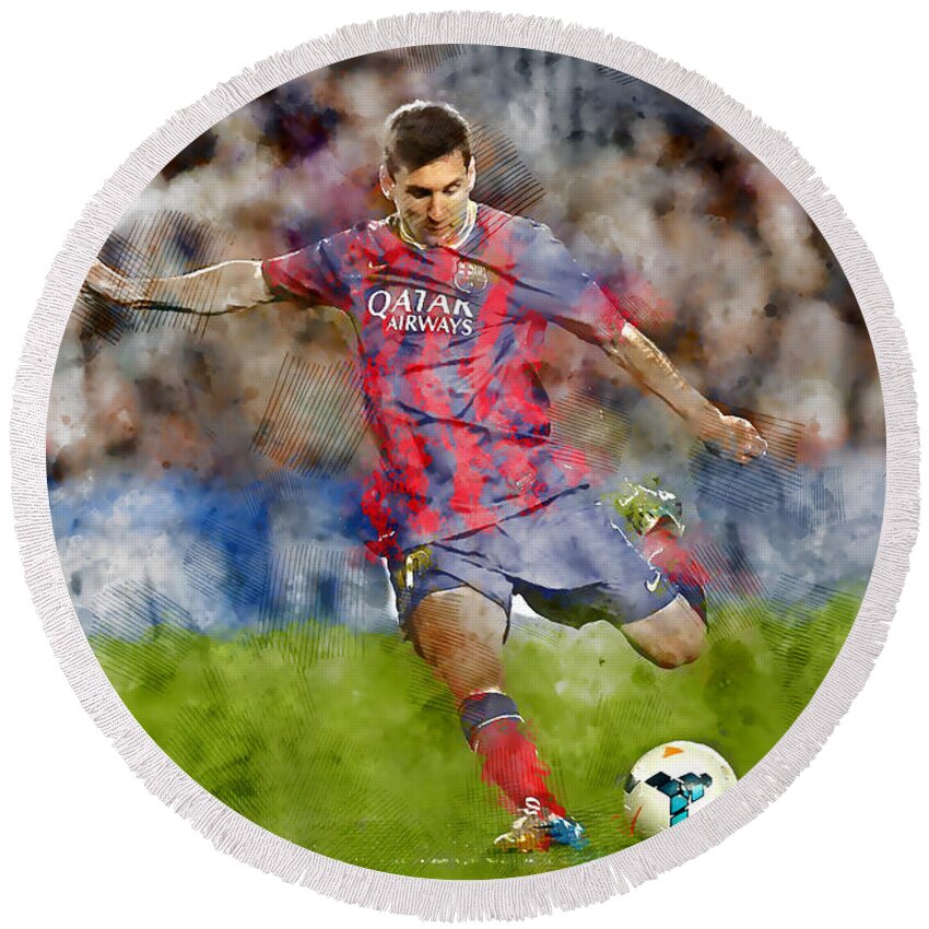 Lionel Messi Round Beach Towel featuring the mixed media Lionel Messi by Marvin Blaine