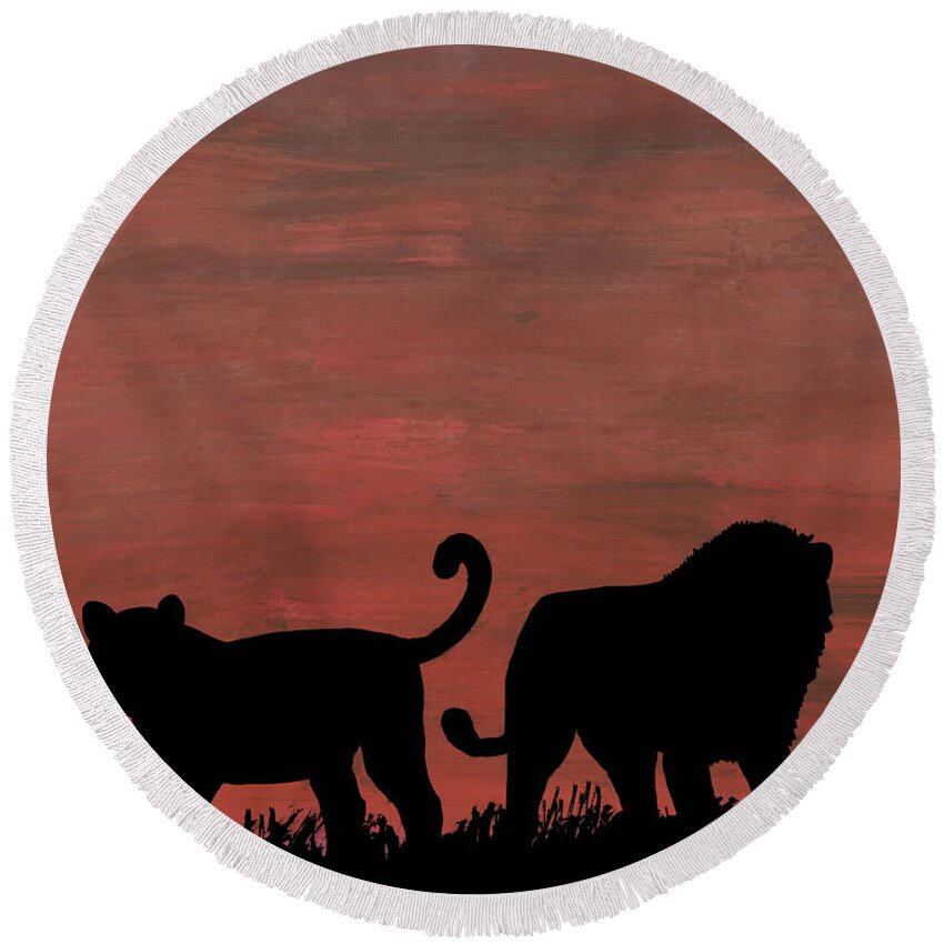 Lioness Round Beach Towel featuring the drawing Lions At Sunset by D Hackett