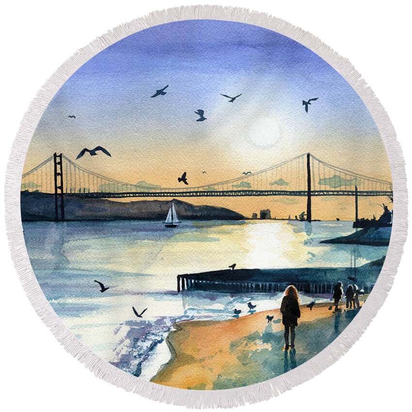 Portugal Round Beach Towel featuring the painting Lisbon 25 Abril Bridge at Dusk by Dora Hathazi Mendes