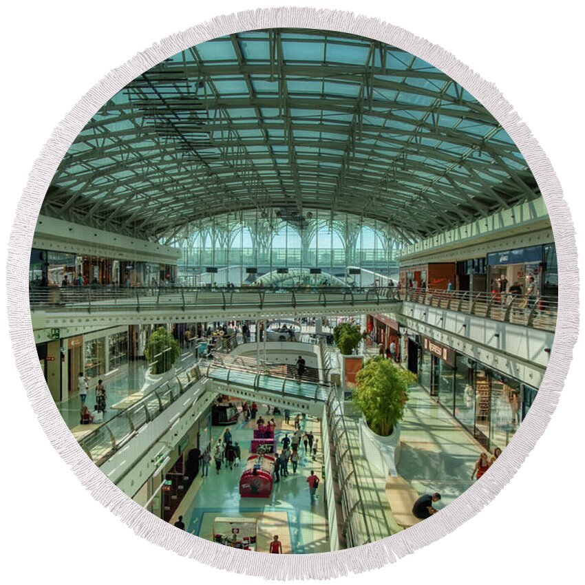 Shopping Center Round Beach Towel featuring the photograph Lisbon Oriente by Micah Offman