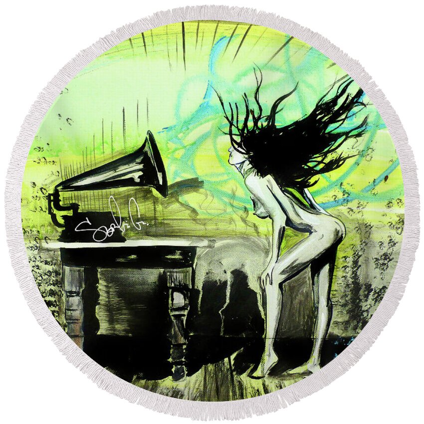 Woman Music Life Hair Lady Female Nude Beauty Beautiful Model Sexy Hair Feet Hands Ipod Headphones Recording Record Rustic B&w Black And White Green Abstract Round Beach Towel featuring the painting Listen To The Music by Sergio Gutierrez