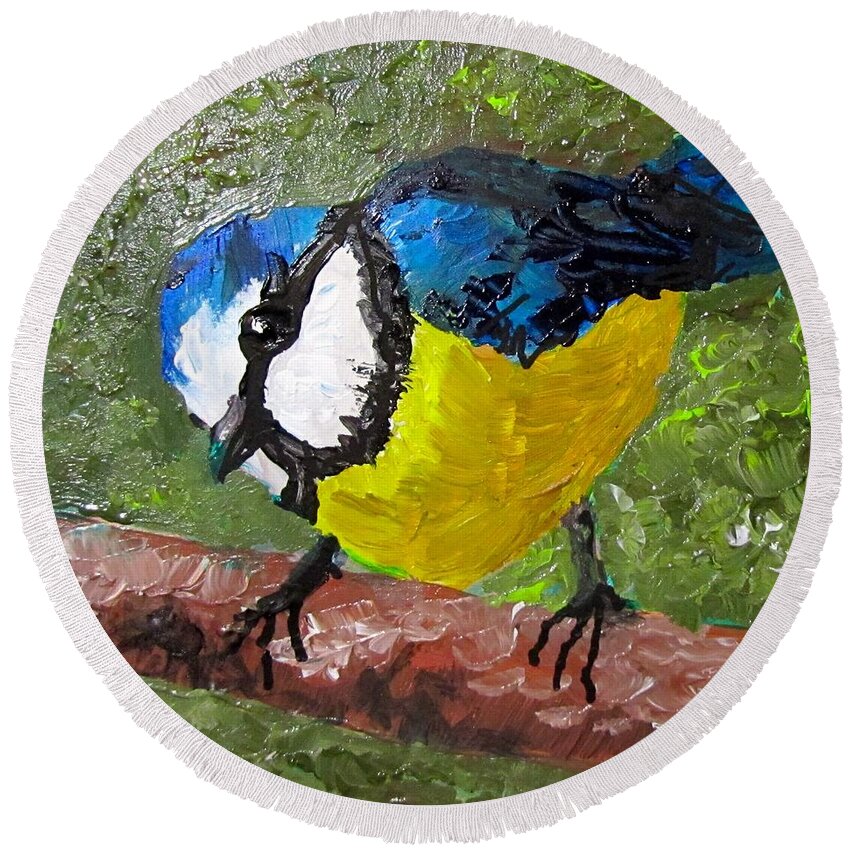 Bird Round Beach Towel featuring the painting Little Blue Tit by Barbara O'Toole