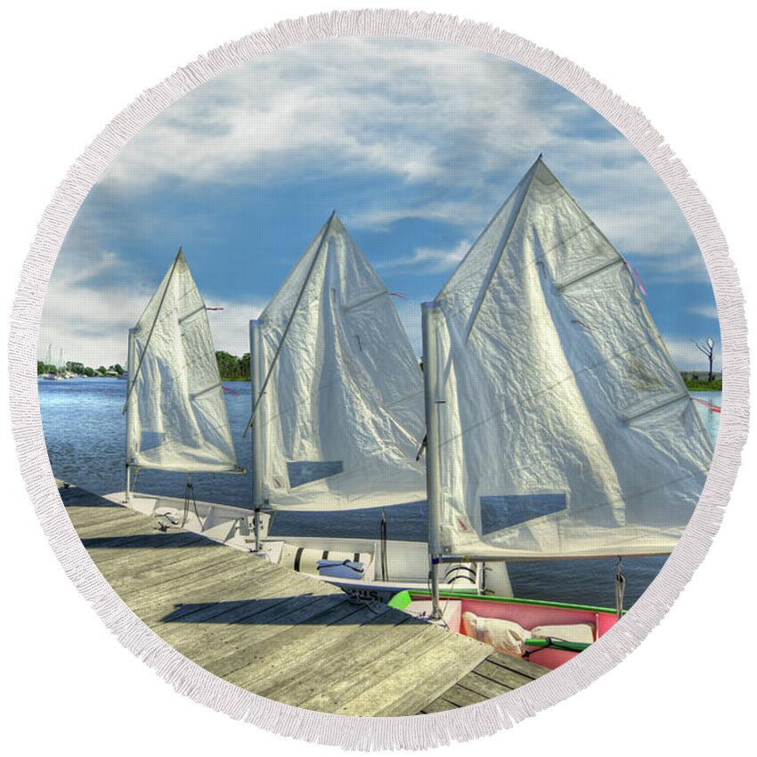 Nautical Round Beach Towel featuring the photograph Little Sailboats by Kathy Baccari