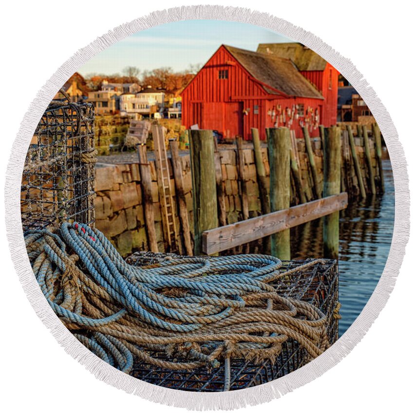 Massachusetts Round Beach Towel featuring the photograph Lobster Traps and Line at Motif #1 by Jeff Sinon