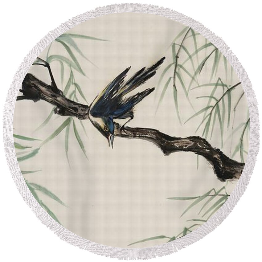 Chinese Watercolor Round Beach Towel featuring the painting Locust Lunch by Jenny Sanders