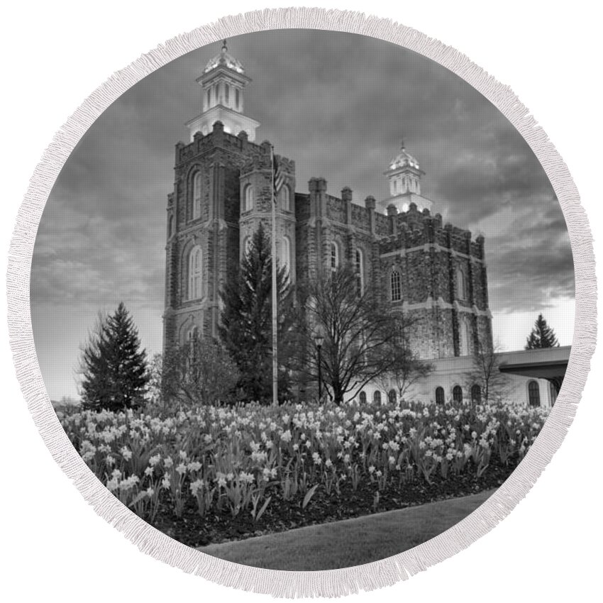 Logan Temple Round Beach Towel featuring the photograph Logan Temple Sunset Black And White by Adam Jewell