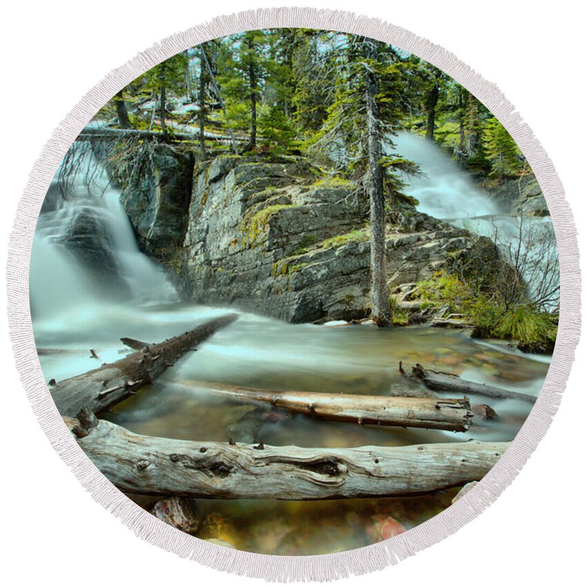 Twin Falls Round Beach Towel featuring the photograph Logs Below Twin Falls by Adam Jewell