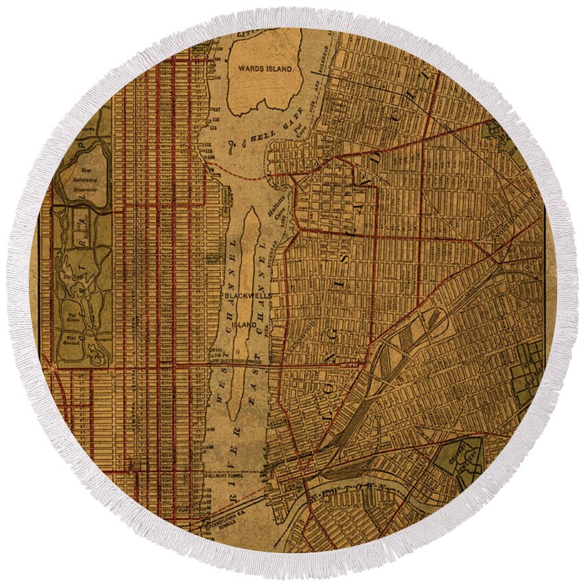 Long Island Round Beach Towel featuring the mixed media Long Island Section Queens New York Vintage City Street Map 1911 by Design Turnpike