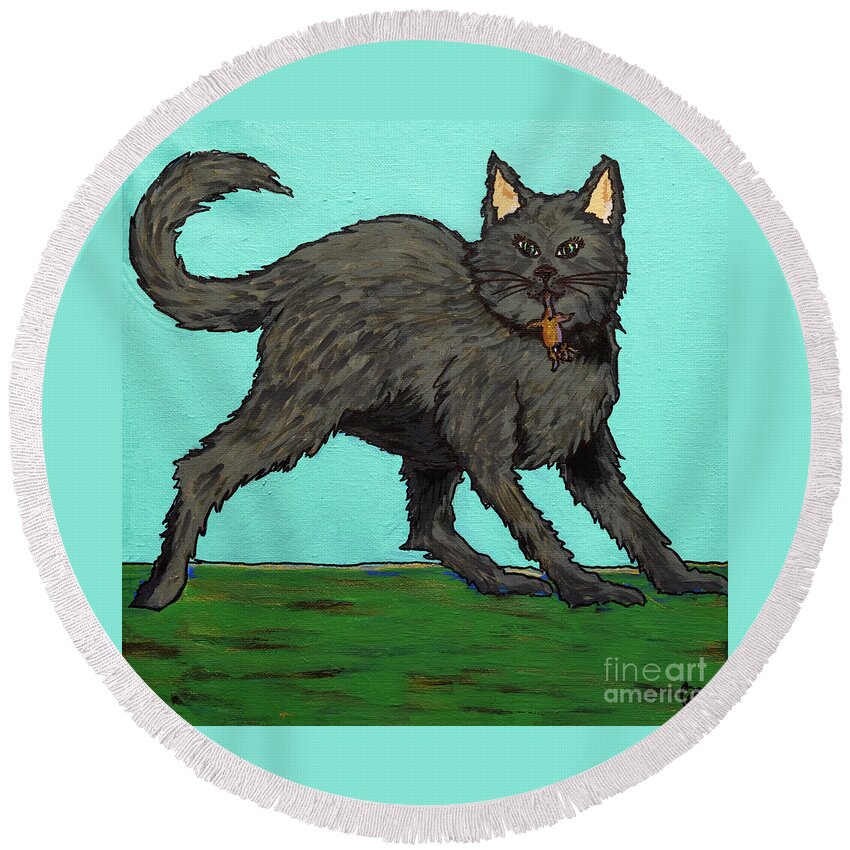 Cat Round Beach Towel featuring the painting Look What the Cat Dragged In by Rebecca Weeks