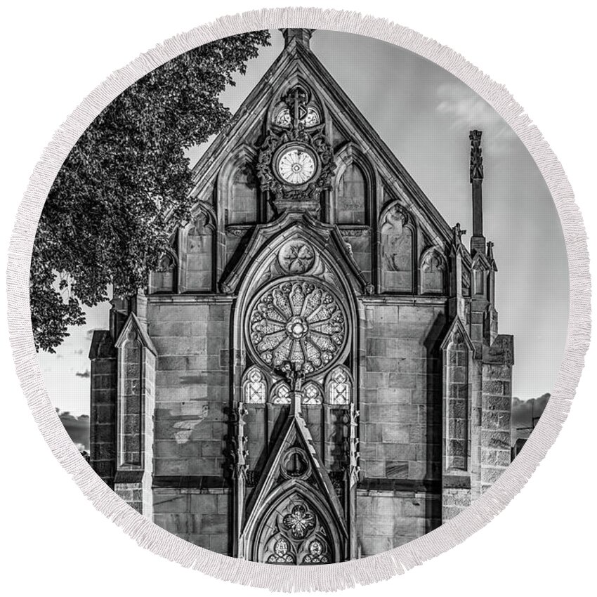 America Round Beach Towel featuring the photograph Loretto Chapel of Santa Fe New Mexico - Monochrome Edition by Gregory Ballos