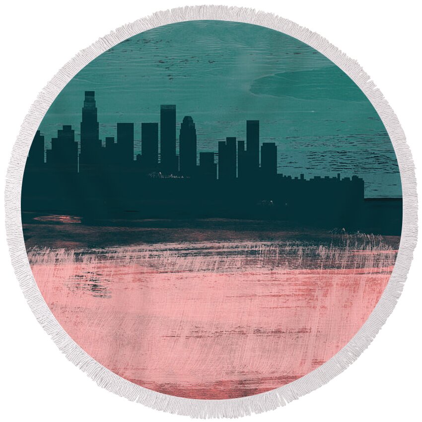 Los Angeles Round Beach Towel featuring the mixed media Los Angeles Abstract Skyline II by Naxart Studio