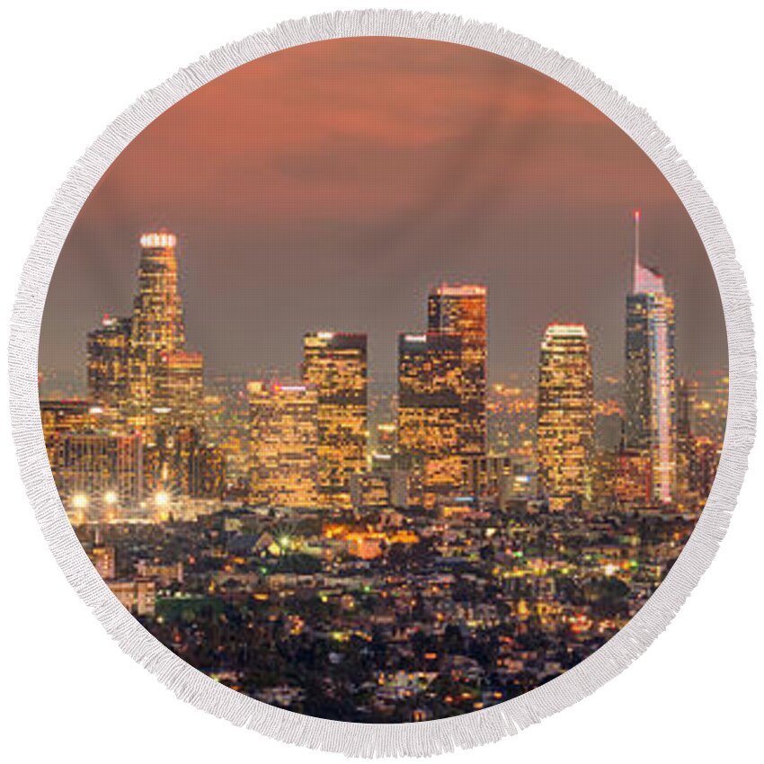 Los Angeles Skyline Round Beach Towel featuring the photograph Los Angeles Skyline at Dusk Sunset by Jon Holiday