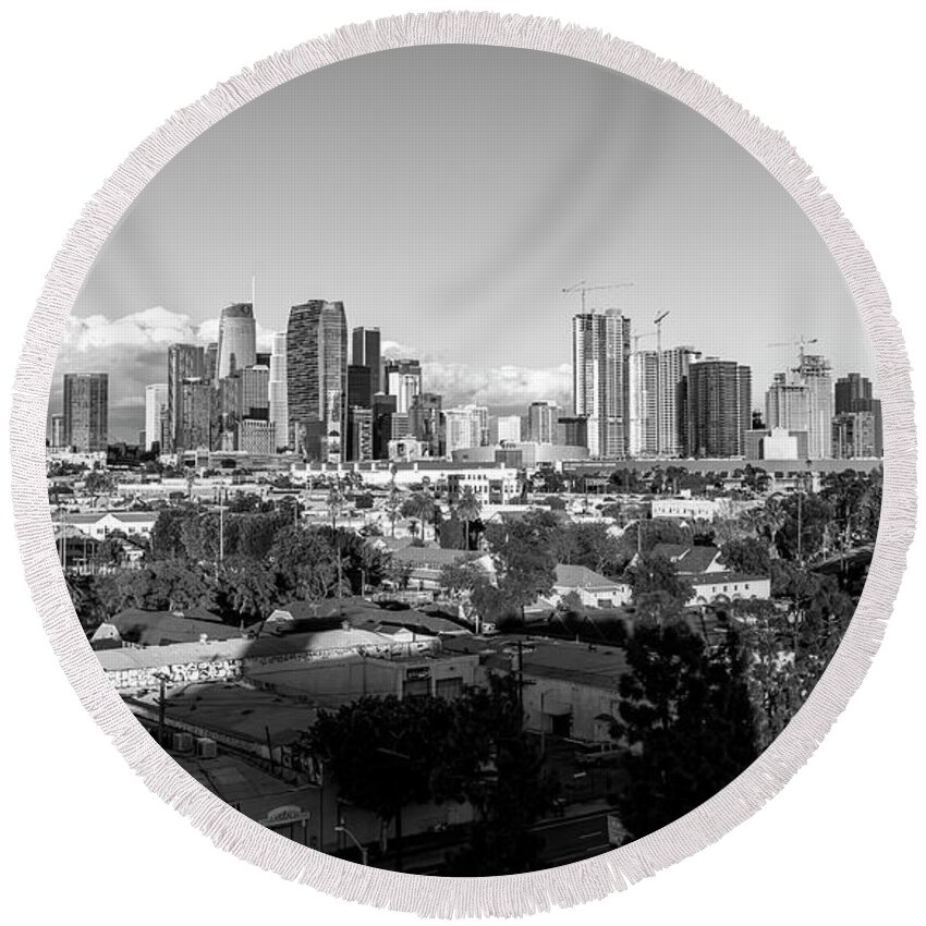 Los Angeles Skyline Round Beach Towel featuring the photograph Los Angeles Skyline Looking East 2.9.19 - Black And White by Gene Parks