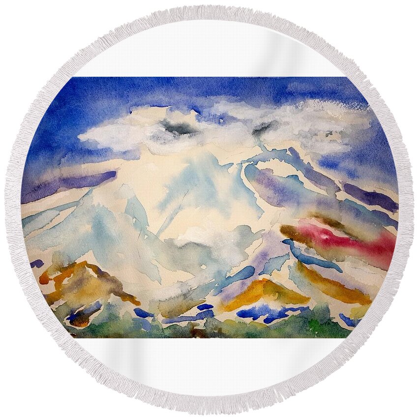 Watercolor Round Beach Towel featuring the painting Lost Mountain Lore by John Klobucher